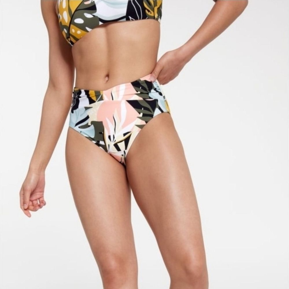 CALIA Women's Shirred V Front High Rise Swim Bottoms ONLY Multi Palm Size XS